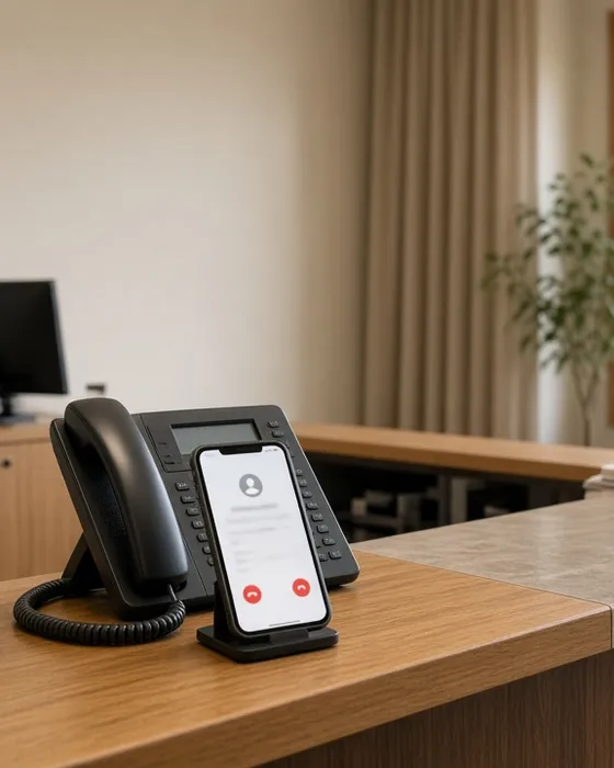 An empty clinic front desk with a desk phone and a ringing cell phone, mountains through the window.
