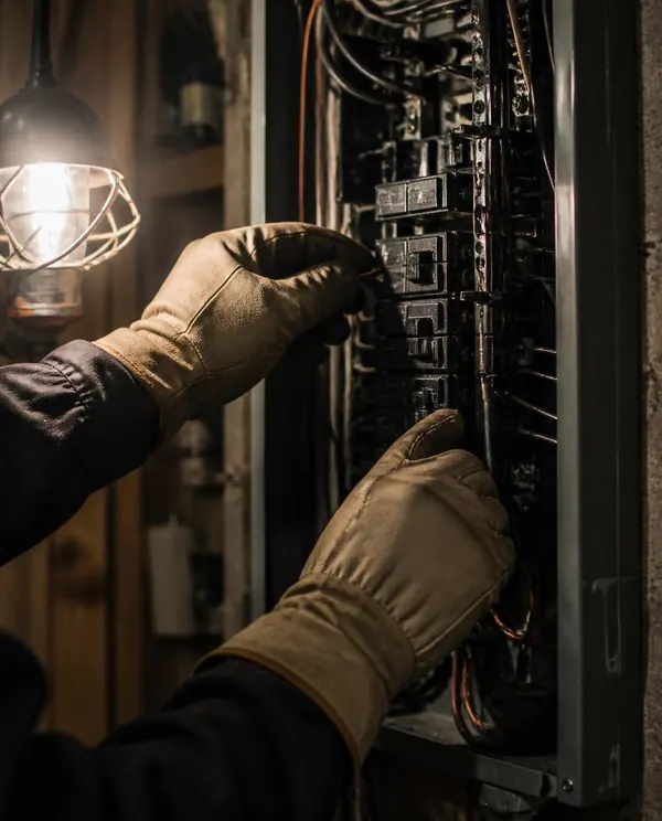 Gloved hands working inside an open breaker panel.