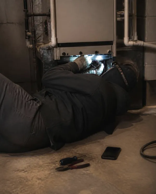 A technician on a basement floor working inside a furnace by headlamp.