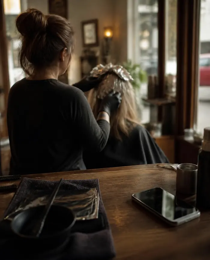 A stylist from behind applying foils, a phone buzzing on the counter.