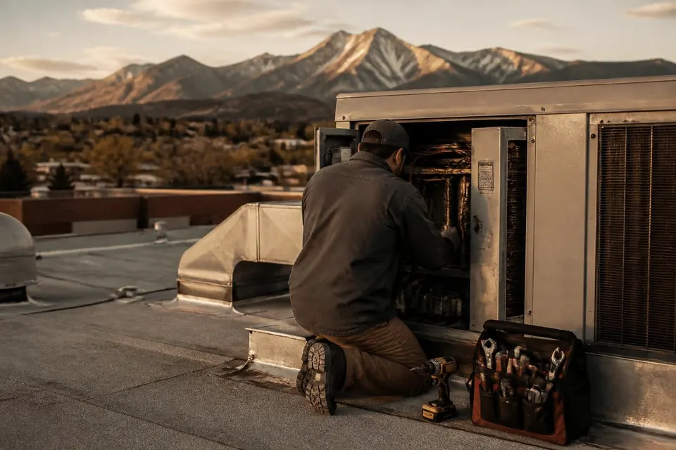 An HVAC technician from behind at a rooftop unit, mountains beyond.